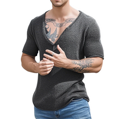 Men's Casual Solid Color V-Neck Slim Short Sleeve Knitted Sweater T-Shirt MTA3138C7M