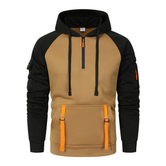 Stylish Contrast Color Hoodie with Functional Pockets and Half-Zip Design for Outdoor Adventures