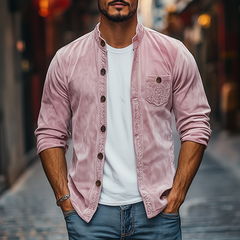 Men's Spring Fashion Casual Stand Collar Embroidered Suede Long Sleeve Shirt MTA3127C8K