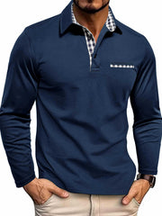 Men's Stylish Long Sleeve Polo Shirt with Plaid Collar Detail