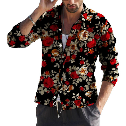 Men's Vintage Floral Print Lapel Long Sleeve Shirt MTA0123D0X