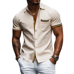 Men's Fashion Casual Slim Fit Colorful Ribbon Stitching Cotton And Linen Short Sleeve Shirt MTA0970D5K