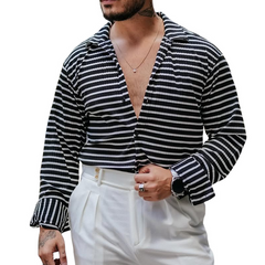 Men's Fashion Striped Lapel Long Sleeve Shirt MTA0138D3Z