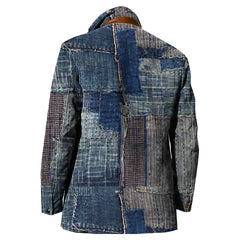 Patchwork Design Boro Print Men Vintage Fleece Blazer Double Layer Lapel Fur Leather Collar Medium Length Coats