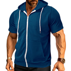 Men's Stylish Short Sleeve Hoodie with Zip-Up Design for Active Wear