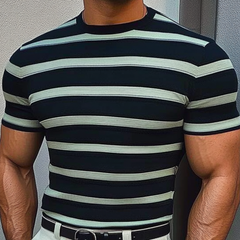 Men's Casual Contrast Color Striped Round Neck Slim Fit Knitted Short Sleeve Sweater T-Shirt MTA2519C9M