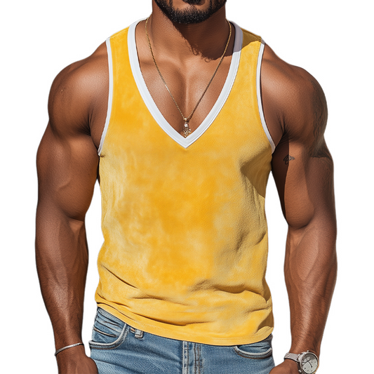 Men's Summer Fashion Personality Leisure Deep V-neck Bright Color Stitching Suede Tank Top MTA0384D5K