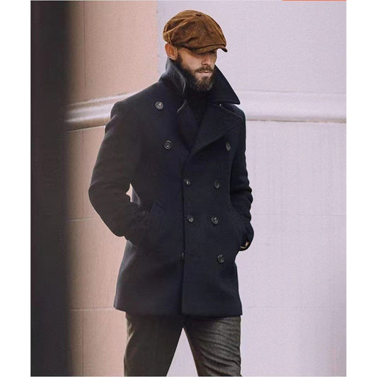 Classic Double-Breasted Pea Coat with Detachable Collar - Perfect for Winter and Fall Outfits