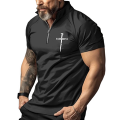 Men's Retro Casual Cross Print Zipper Short Sleeve T-Shirt MTA1963C7TO