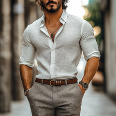 Men's Casual Cotton Linen Lapel Single Breasted Slim Fit Long Sleeve Shirt MTA3115C0M