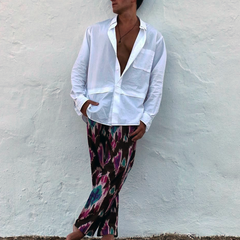 Men's Solid Lapel Chest Pocket Long Sleeve Shirt MTA0177D7Z