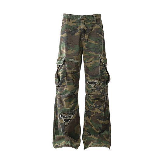 Camouflage Cargo Pants with Distressed Details for Women - Fall/Winter Fashion