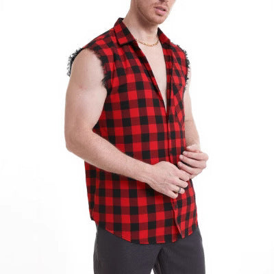 Men's Retro Tough Check Lumberjack Lapel Sleeveless Shirt MTA0753D8TO