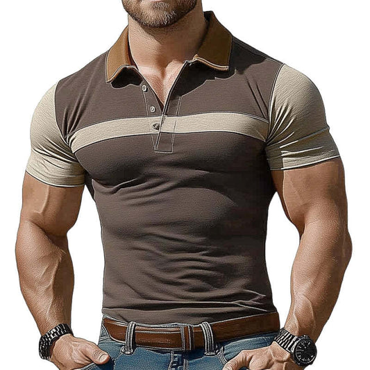 Men's Summer Brown Polo Collar Colorblock Stretch Slim Fit T-Shirt MTA0259D7U