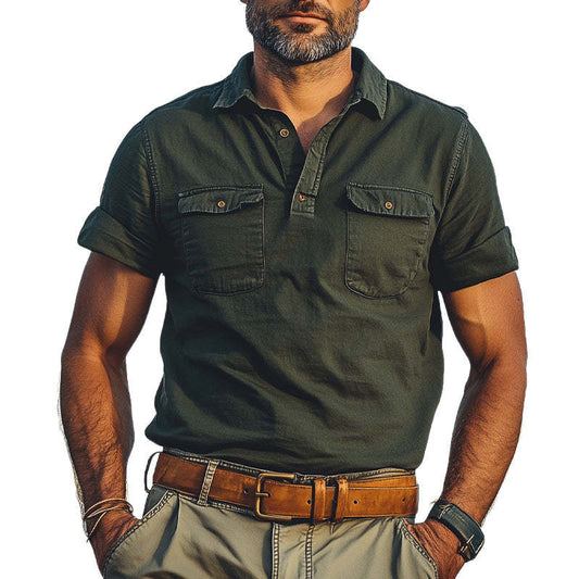 Men's Summer Distressed Polo Collar Double Pocket Casual T-Shirt MTA2784C5U