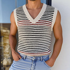 Men's Casual V Neck Contrast Color Striped Knitted Tank Top MTA0787D6M