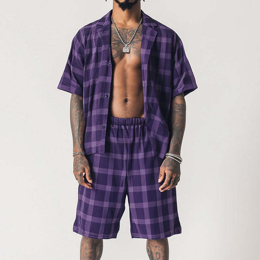 Men's Casual Sports Check Print Linen Shirt Two-Piece Set MTA0962D9TO