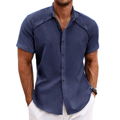 Men's Cotton And Linen Solid Color Lapel Short-Sleeved Shirt MTA0127D8X