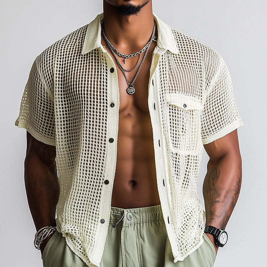 Men's Spring Fashion Woven Hollow Short Sleeve Shirt MTA0889D2P