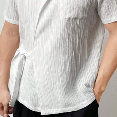 Men's Spring And Summer Fashion Casual Lapel Pleated Fabric Short Sleeve Shirt MTA0850D1K