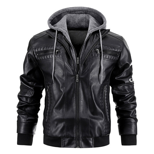 Stylish Hooded Leather Jacket For Men - Perfect For Casual And Outdoor Adventures