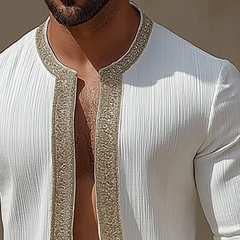 Men's Retro Casual Striped Collarless Long Sleeve Shirt MTA3142C9TO