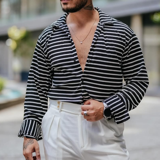 Men's Fashion Striped Lapel Long Sleeve Shirt MTA0138D3Z