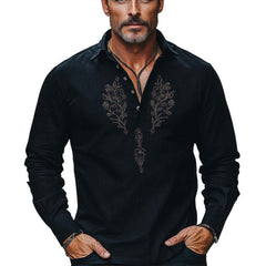 Men's Comfortable Cotton And Linen Embroidered Button Collar T-Shirt MTA2701C6U