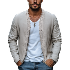 Men's Spring New Retro Casual Ethnic Style Lace Stitching Cotton And Linen Cardigan MTA2140C0K