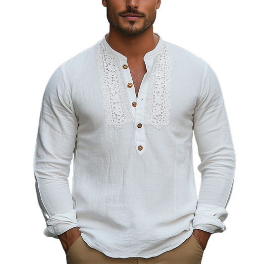 Men's Spring Fashion Classic Henley Collar Lace Stitching Cotton And Linen Long Sleeve Shirt MTA2777C5K