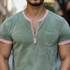 Men's Spring And Summer Fashion Casual V-neck Zipper Contrast Color Splicing Suede Short Sleeve T-shirt MTA0839D2K