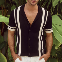 Men's Knit Striped Notch Lapel Single Breasted Short Sleeve Polo Shirt MTA0815D6Z