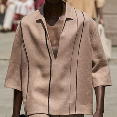 Men's Spring And Summer Fashion Casual V-neck Cotton And Linen Three-quarter Sleeve Shirt MTA0831D6K