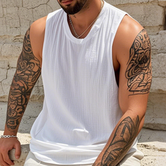 Men's Casual Cotton Linen Pleated Round Neck Loose Tank Top MTA3176C3M