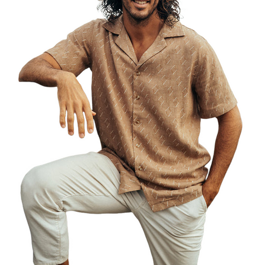 Men's Classic Casual Cuban Collar Cotton And Linen Short Sleeve Shirt 38568829K