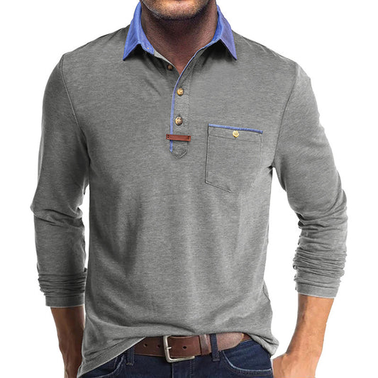 Men's Stylish Long Sleeve Polo Shirt with Contrast Collar and Chest Pocket