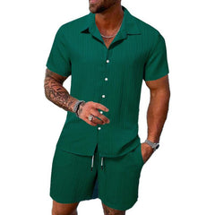 Men's Solid Color Striped Lapel Short Sleeve Shorts Casual Set 63428764X
