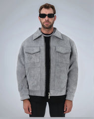 Stylish Gray Jacket With Zipper Closure And Pockets