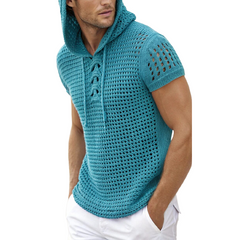 Men's Summer Fashion Casual Hooded Hollow Knitted Short Sleeve T-shirt MTA1013D0K