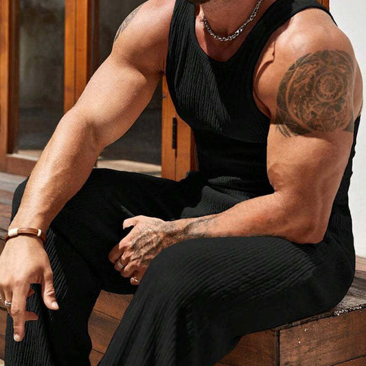 Men's Solid Color Tank Top And Trousers Beach Two-Piece Set MTA3151C8X