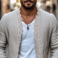 Men's Spring New Retro Casual Ethnic Style Lace Stitching Cotton And Linen Cardigan MTA2140C0K