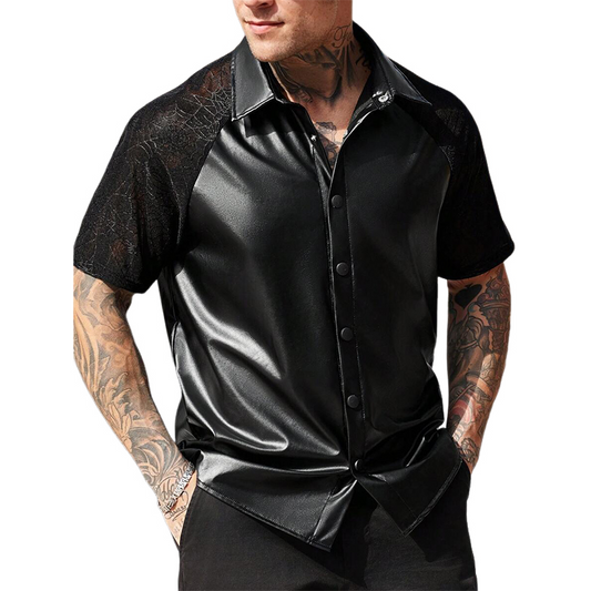 Men's Lace Panel Short Sleeve Leather Shirt MTA3191C8X