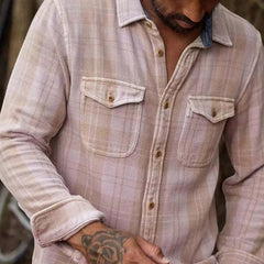 Men's Retro Pink Plaid Twill Slim Fit Long Sleeve Shirt 87816485U