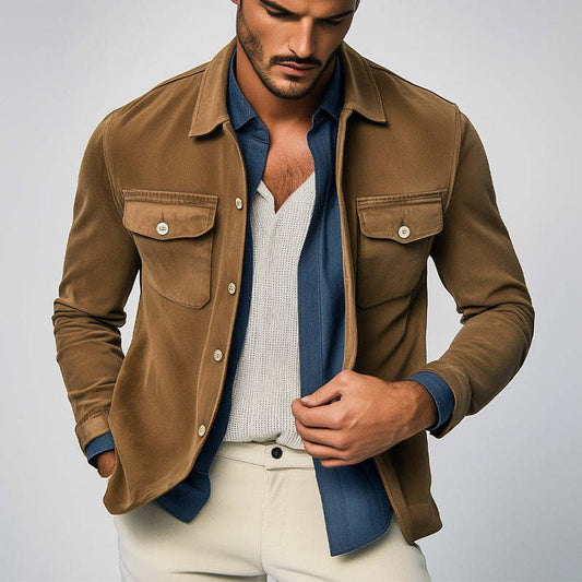 Men's Spring And Autumn Basic Brown Suede Long Sleeve Shirt MTA0126D9U