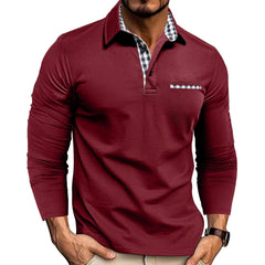 Men's Stylish Long Sleeve Polo Shirt with Plaid Collar and Pocket Detail