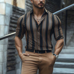 Men's Summer Retro Vertical Stripe Print Short Sleeve Shirt MTA2127C1U