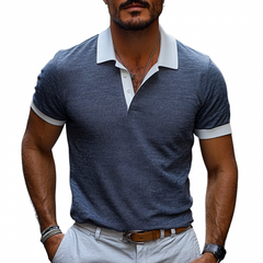 Men's Casual Comfort Cotton Linen Colorblock Lapel Slim Fit Short Sleeve Polo Shirt MTA0232D2M
