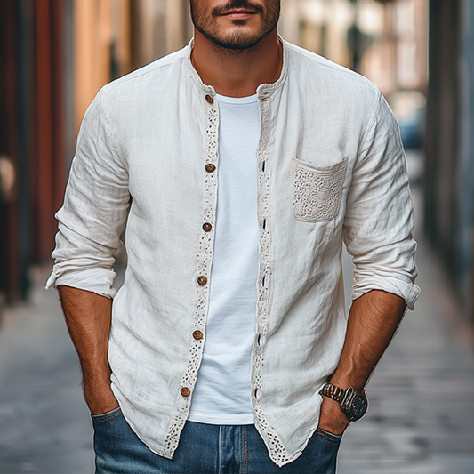 Men's Spring Fashion Lace Pocket Stitching Cotton And Linen Long Sleeve Shirt MTA2633C4K