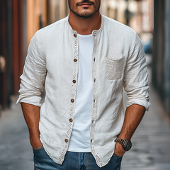 Men's Spring Fashion Lace Pocket Stitching Cotton And Linen Long Sleeve Shirt MTA2633C4K