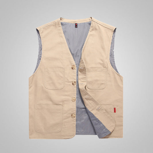 Men's Plus-Size Cotton V-Neck Vest - Casual Style, Suitable for Fishing, Work Uniform